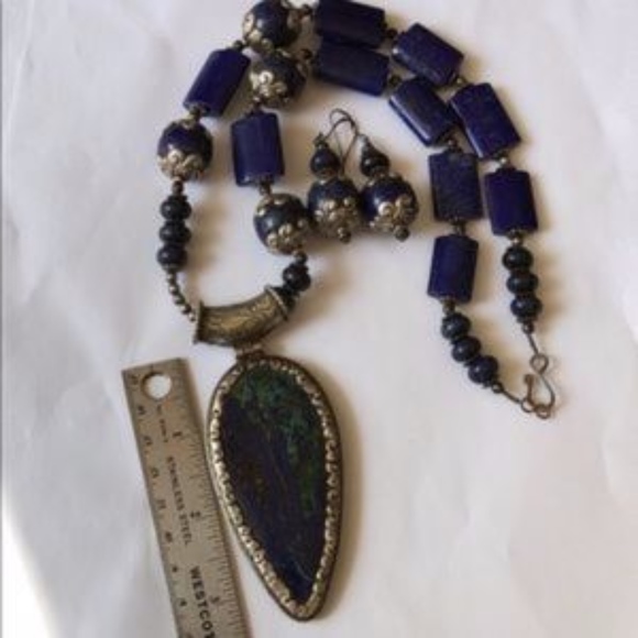 Large Lapis/Chrysocolla Necklace with Earrings - Artisan Handmade - Picture 6 of 14